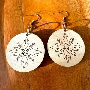 Round Wooden Earrings with Burn Etched Floral Design Like New